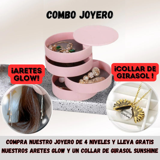 Combo Joyero Giratorio de 4 Niveles💎 + Aretes Glow👸🏼 + Collar Girasol SunShine🌻