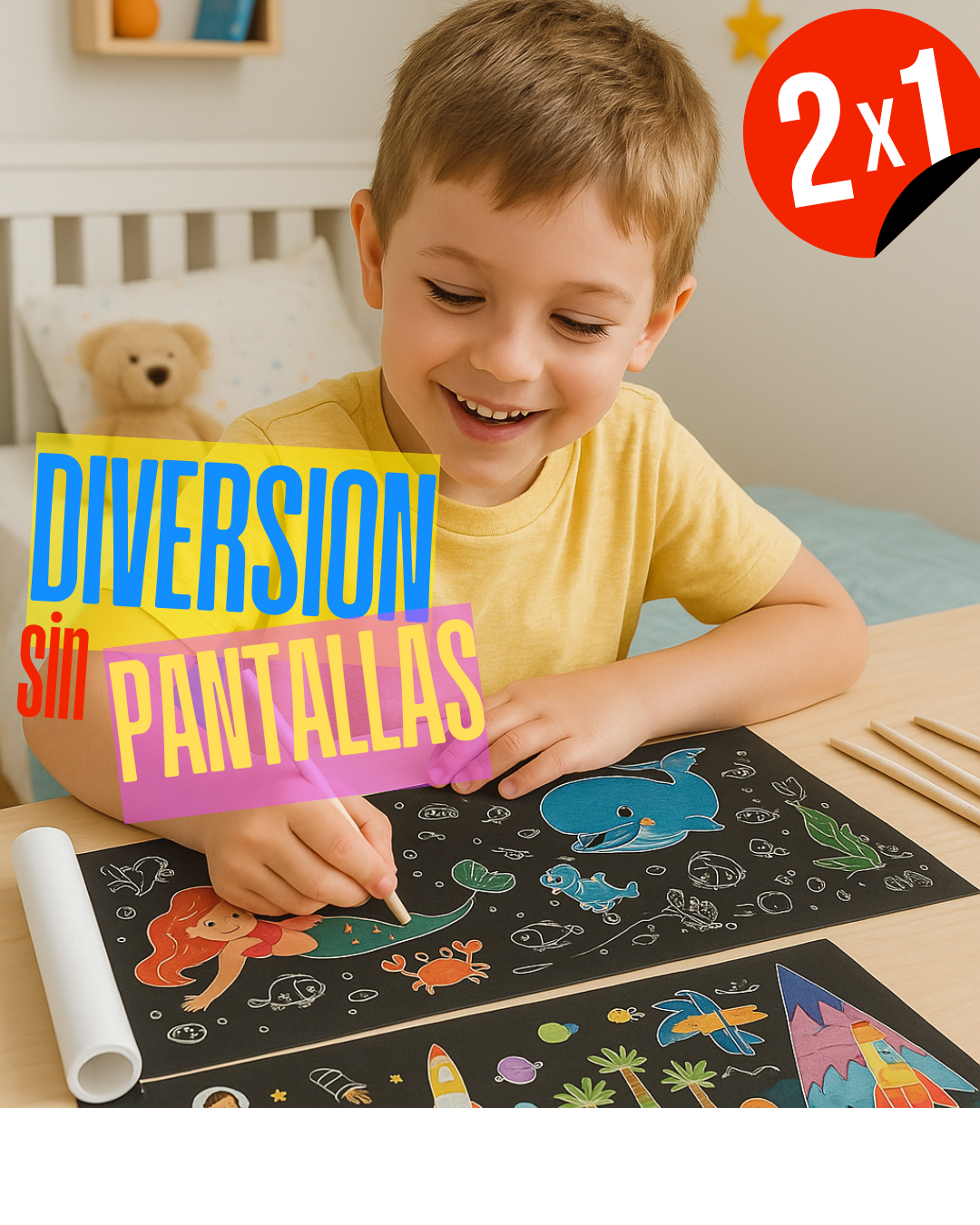 2 X 1 - MAGIC SCRATCH - Rollo Papel Mágico Raspar Dibujos 2 Mts